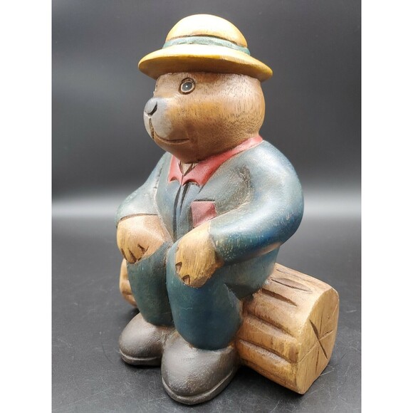 Honey Bear Beehive Dressed Sitting on Log Carved WOOD 8" Very NICE!!! Adorable! - Picture 11 of 12